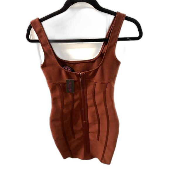 Hot Miami Styles Bandage Mini Dress Women's Brown Fitted Stretch Small Sexy - Picture 3 of 7